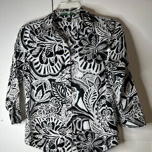 Lauren Ralph Lauren Medium Black White Floral Button Down Blouse 3/4 Sleeve